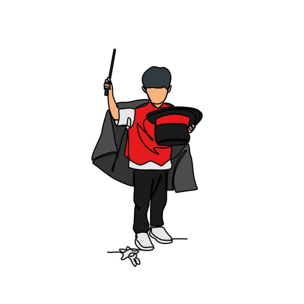 One continuous line drawing of a Magician attraction with the stick and hat. Magician concept illustration in simple linear style. Magician design concept vector illustration