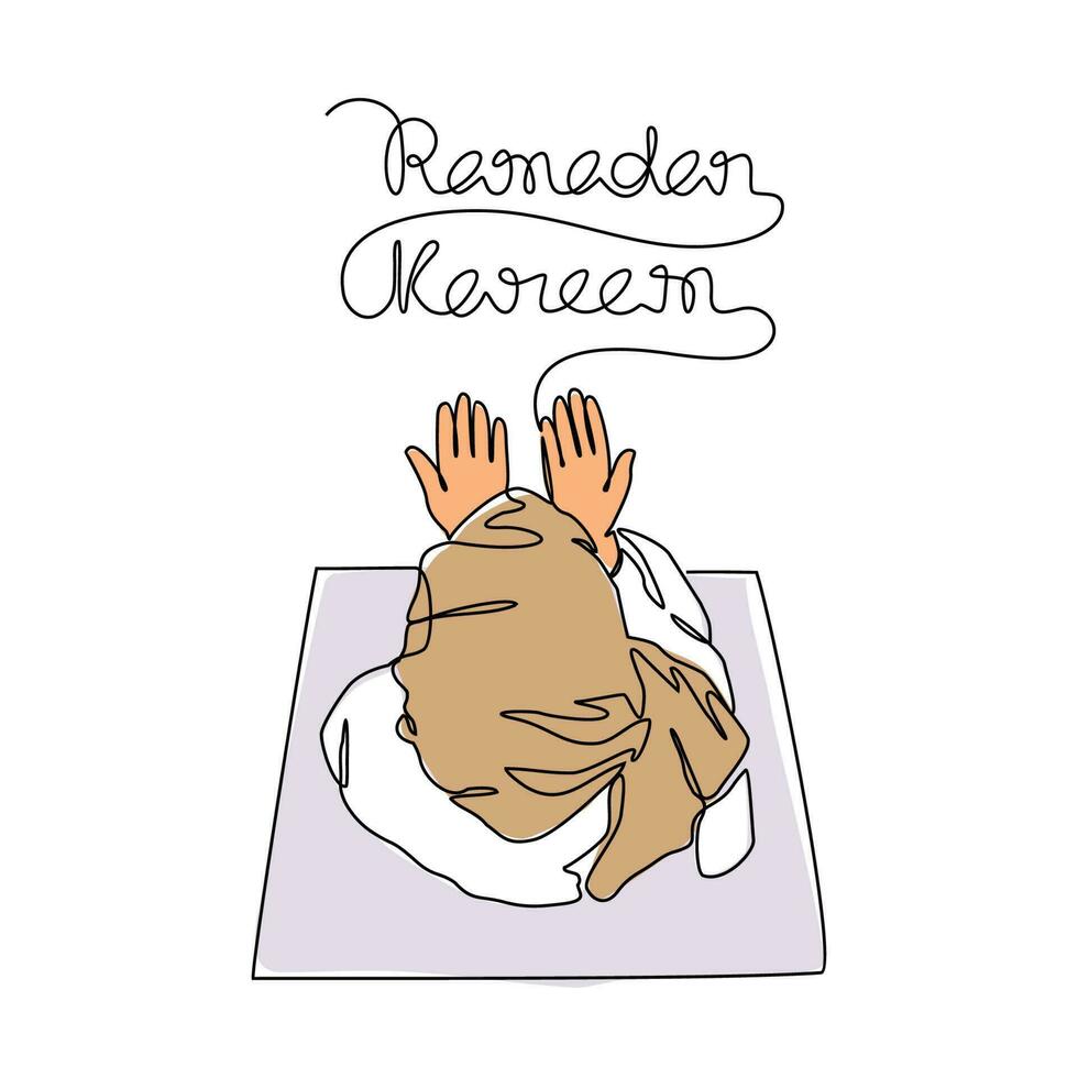 One continuous line drawing of a moslem woman is praying during ramadan time. Moslem praying design with simple linear style. Ramadan kareem design concept vector