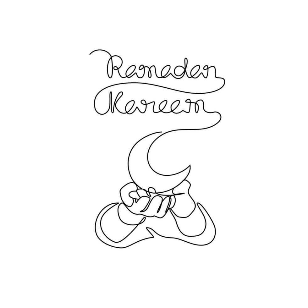 One continuous line drawing of hand and a half moon for symbol ramadan kareem.  ramadan design concept with simple linear style. islamic design concept. vector