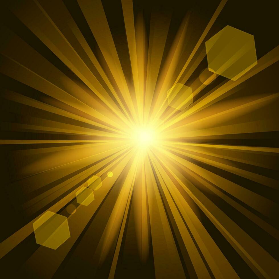 Golden Shine With Lens Flare In Dark Background, Vector Illustration