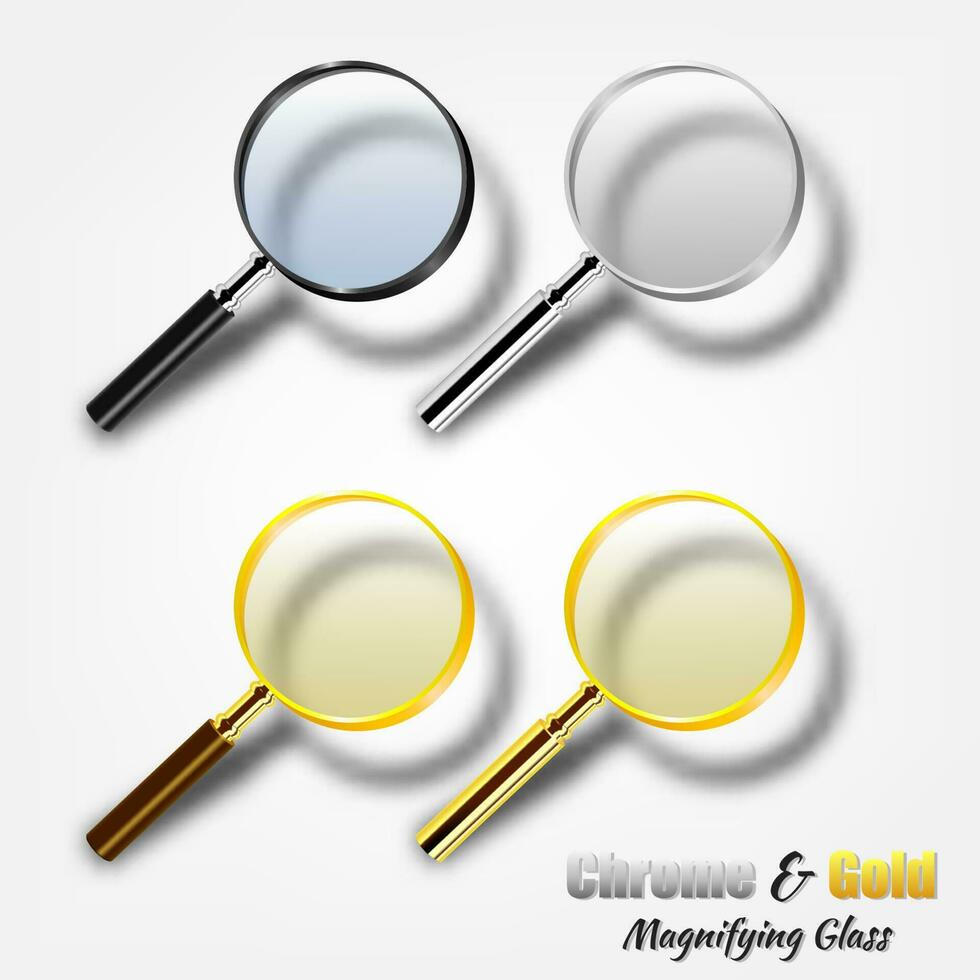 Chrome And Gold Realistic Magnifying Glass Sets, Vector Illustration