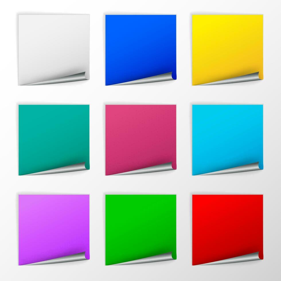 Blank Colorful Square Stickers With Curl Sets, Vector Illustration