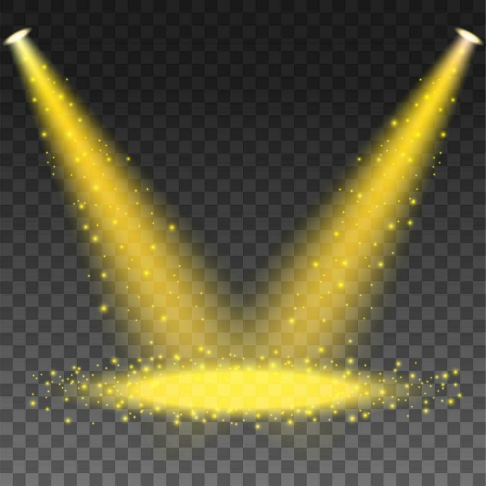 Golden Spotlights Shining On Dark Background, Vector Illustration