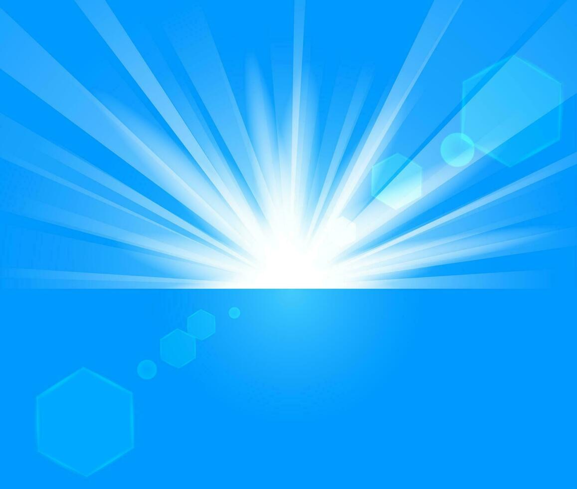 Blue Rays Rising From Horizon In Light Background, Vector Illustration