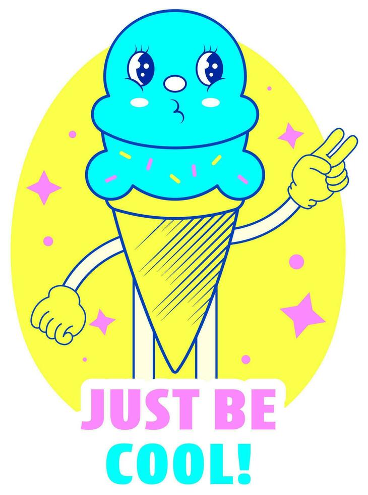 Just Be Cool Font With Cartoon Ice Cream Cone On Yellow And White Background. vector