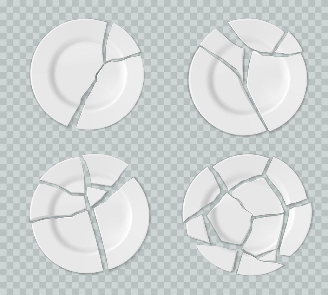 Realistic ceramic broken plates with cracks vector