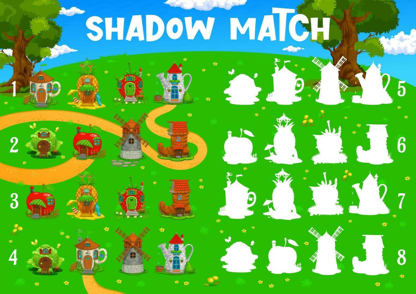 Shadow match of fairytale cartoon buildings game vector