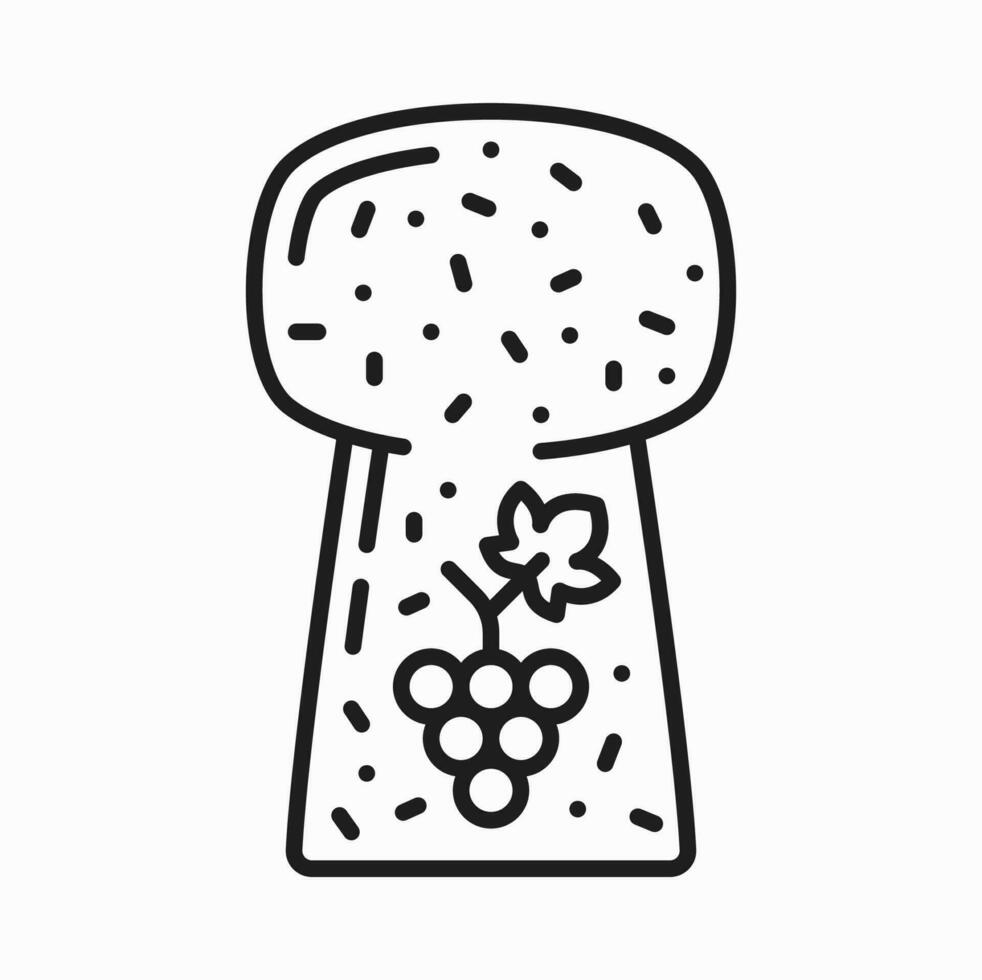 Wine cork with grape branch print outline icon vector