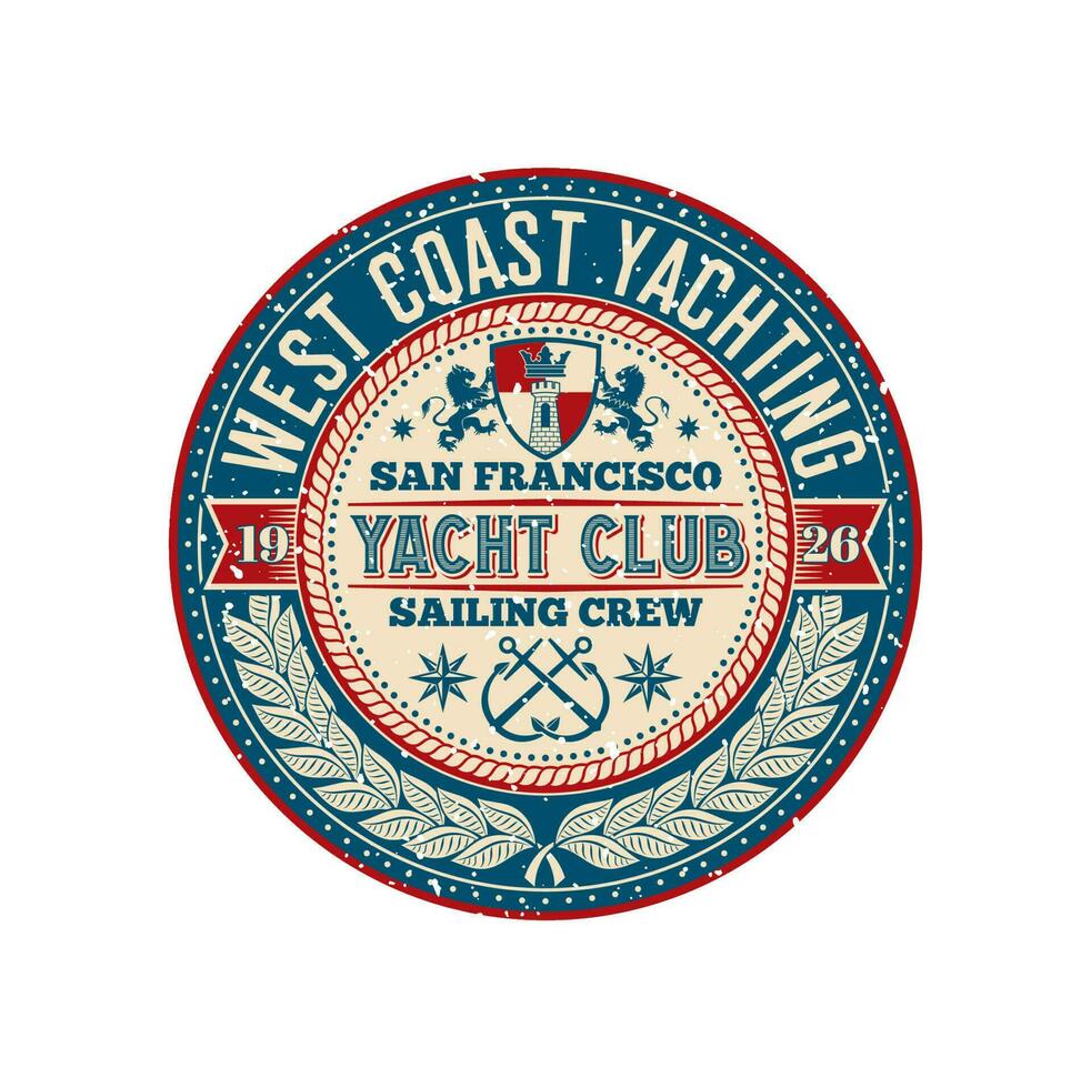 Yacht club retro patch, regatta antique badge vector