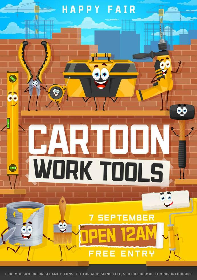 Kids party flyer, cartoon repair or DIY work tools vector
