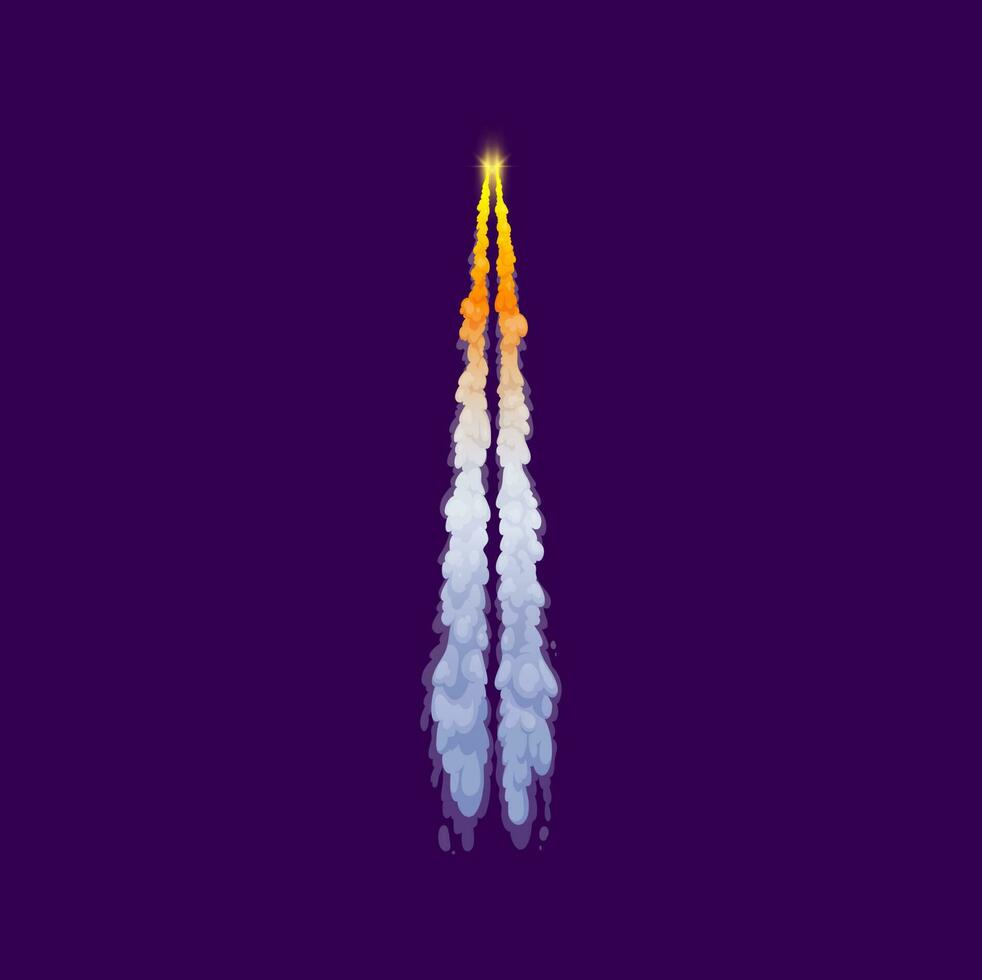 Cartoon rocket smoke trail with jet fire, clouds vector