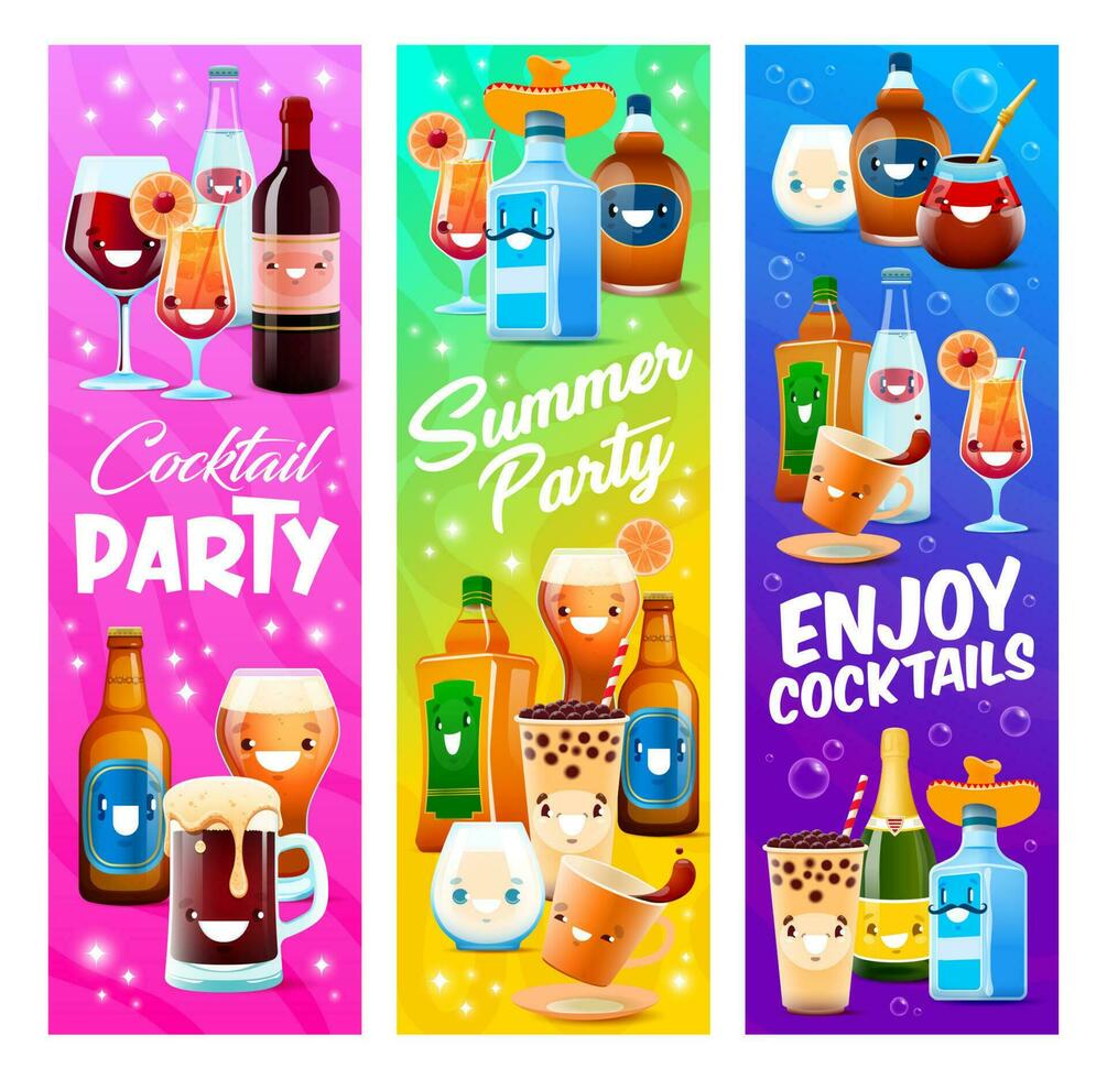 Cartoon drink and cocktail beverage characters vector