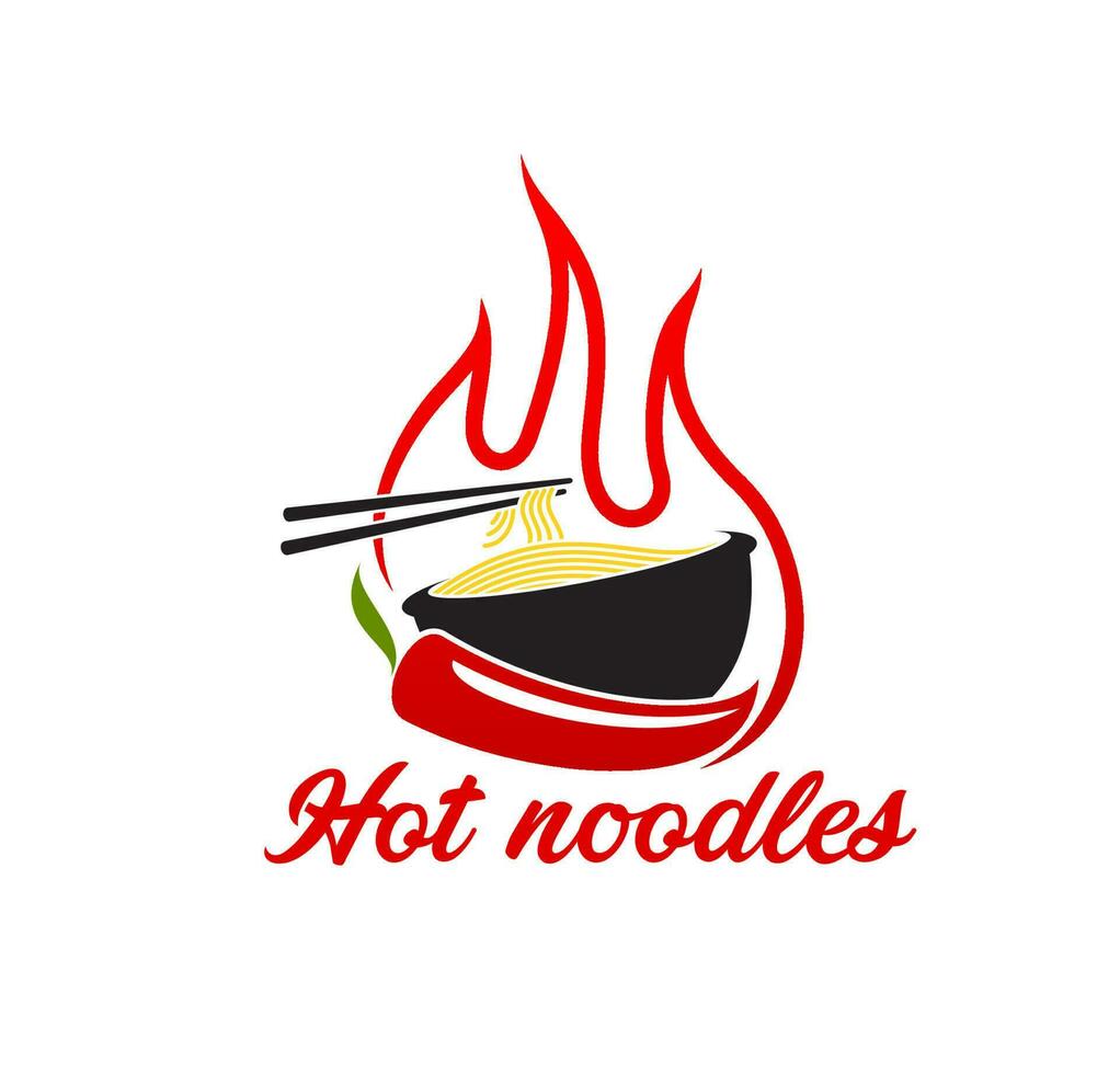 Hot ramen noodles icon, chopsticks and red pepper vector