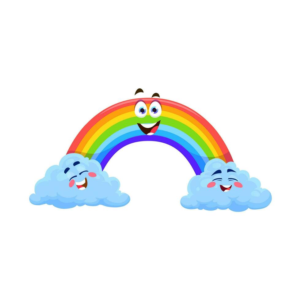 Cartoon rainbow weather character, vector clouds