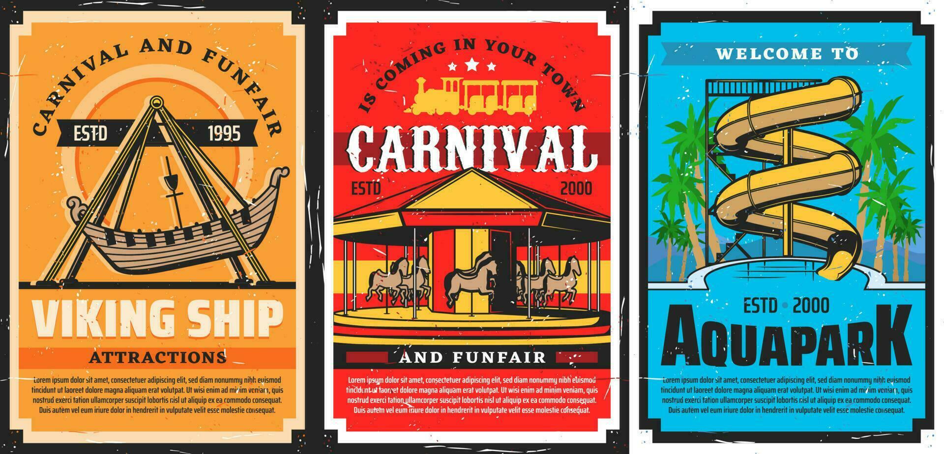 Amusement park carousels Viking ship, water slides vector