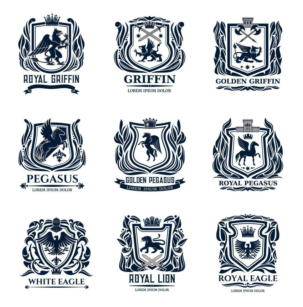 Lion, eagle, griffin and pegasus heraldic icons vector
