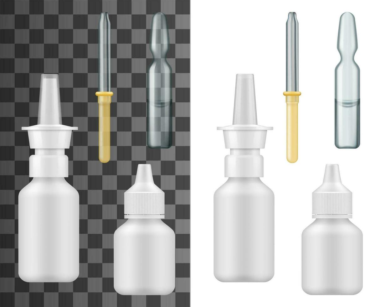 Realistic nasal spray bottle, dropper and ampoule vector