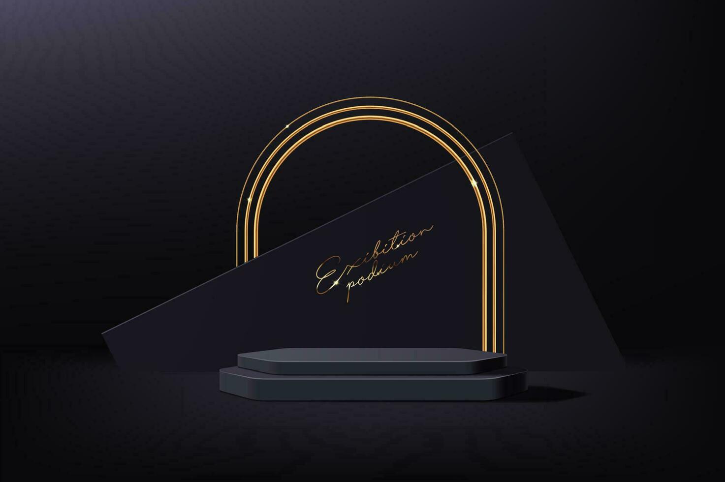 Black podium with golden arch, vector background