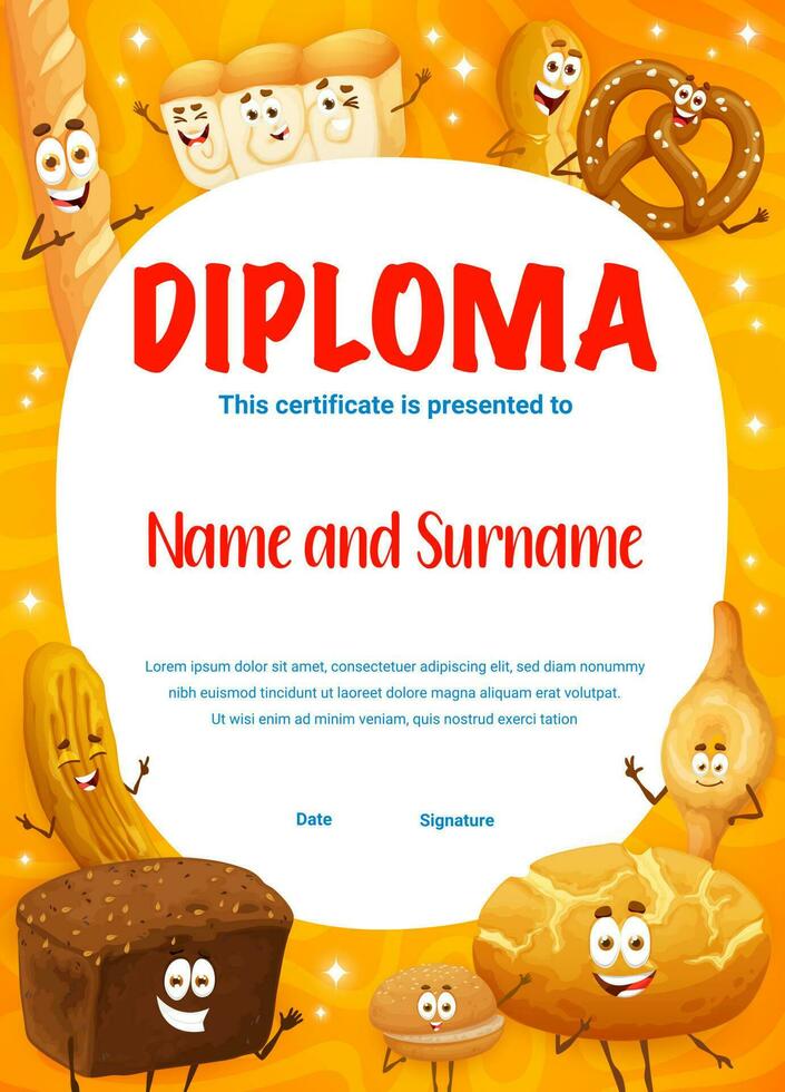 Kids diploma of best baker with bread characters vector