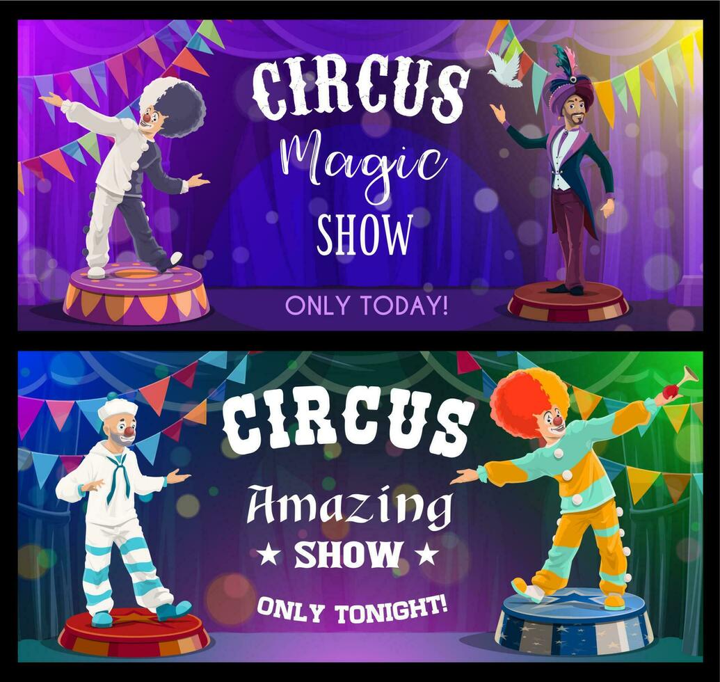 Circus show performers, funfair carnival clowns vector