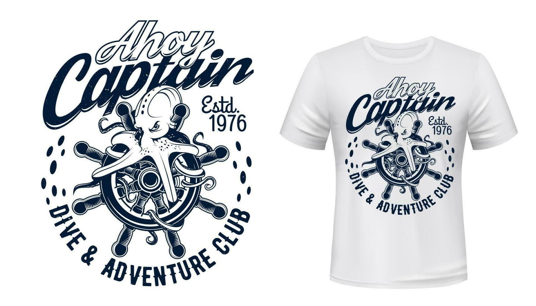 Octopus on sail ship helm, dive and sea print vector