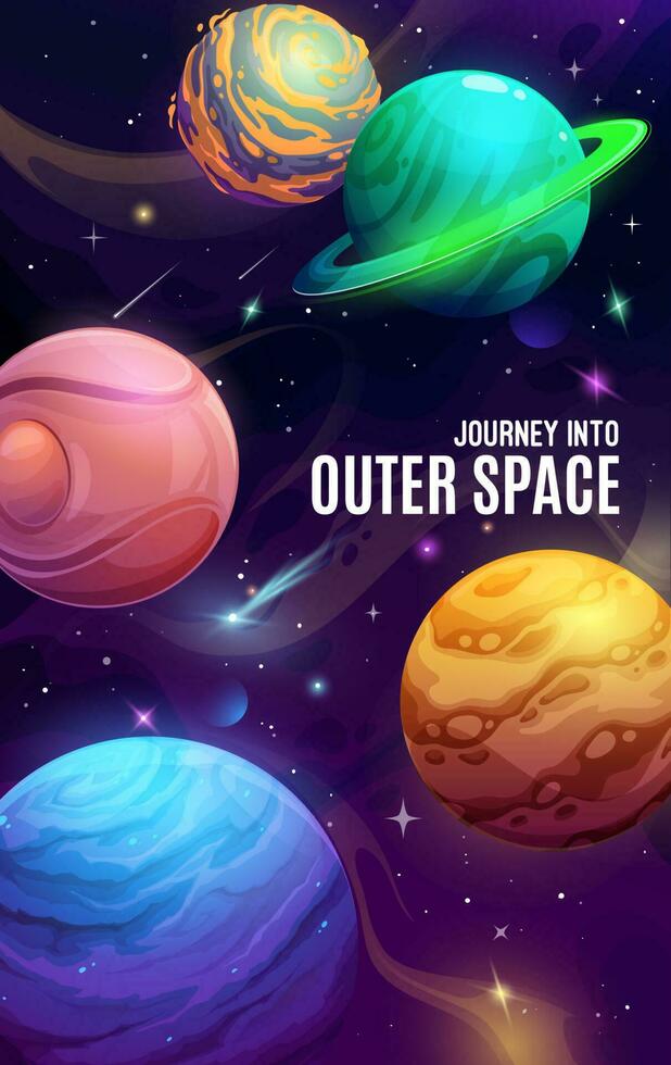 Space planets on cartoon galaxy universe poster vector