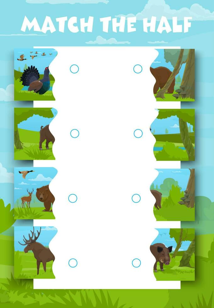 Match the half of forest hunting animals kids game vector