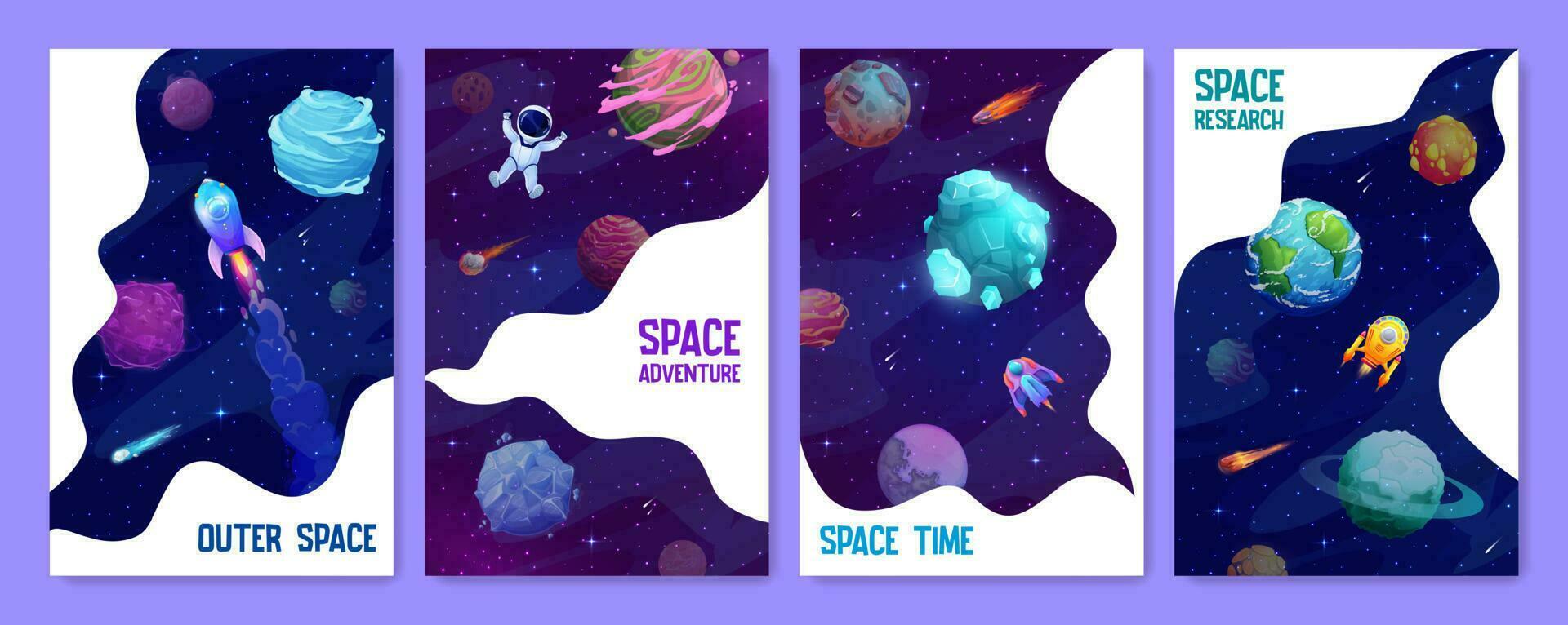 Space landing pages, starry galaxy and planets vector