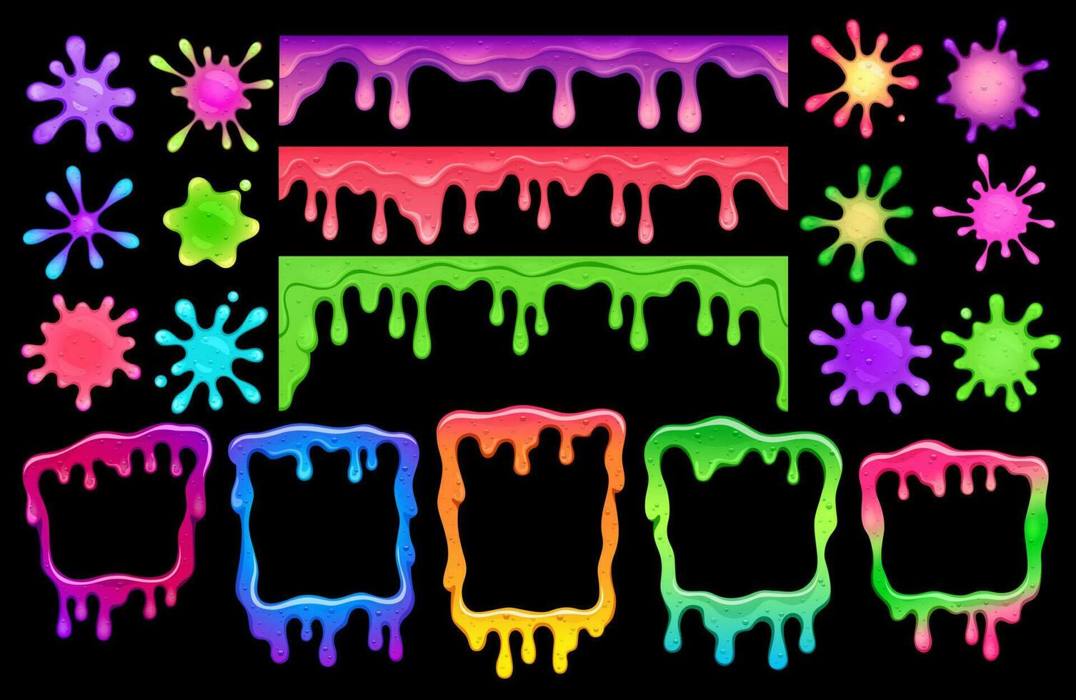 Cartoon colorful slime frames, melt splash blobs vector