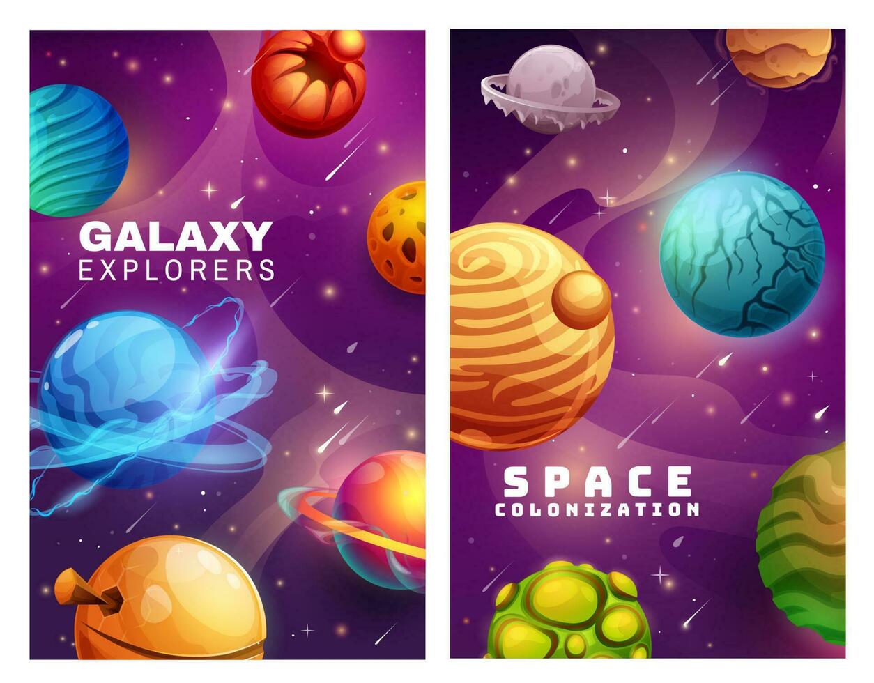 galaxia y espacio colonización, dibujos animados carteles vector