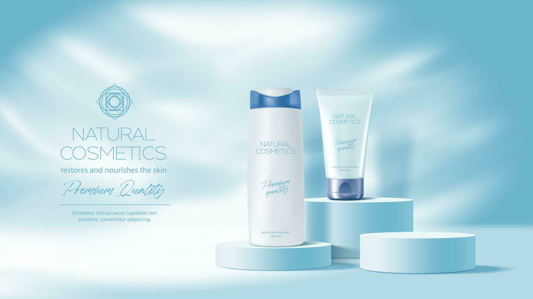 Blue cosmetics podium mockup, promo background vector