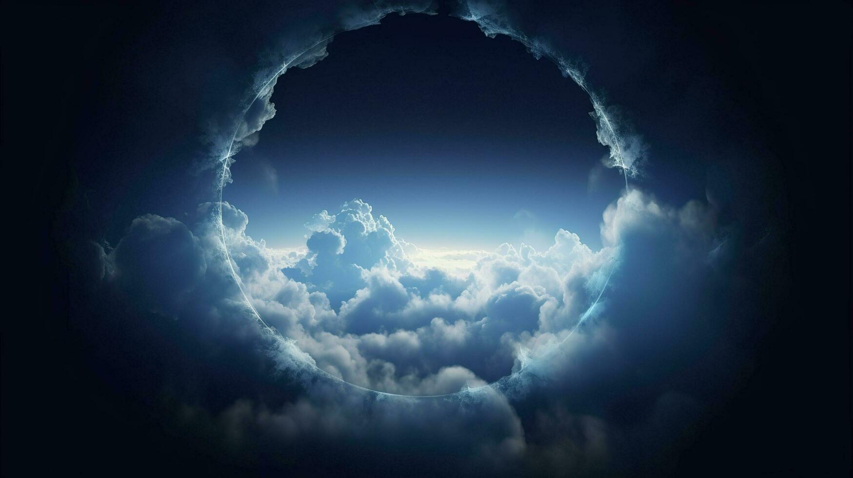 cloud clouds frame blue light, in the style of circular abstraction, 8k resolution, cosmic symbolism, dark symbolism, ethereal landscape, generat ai photo