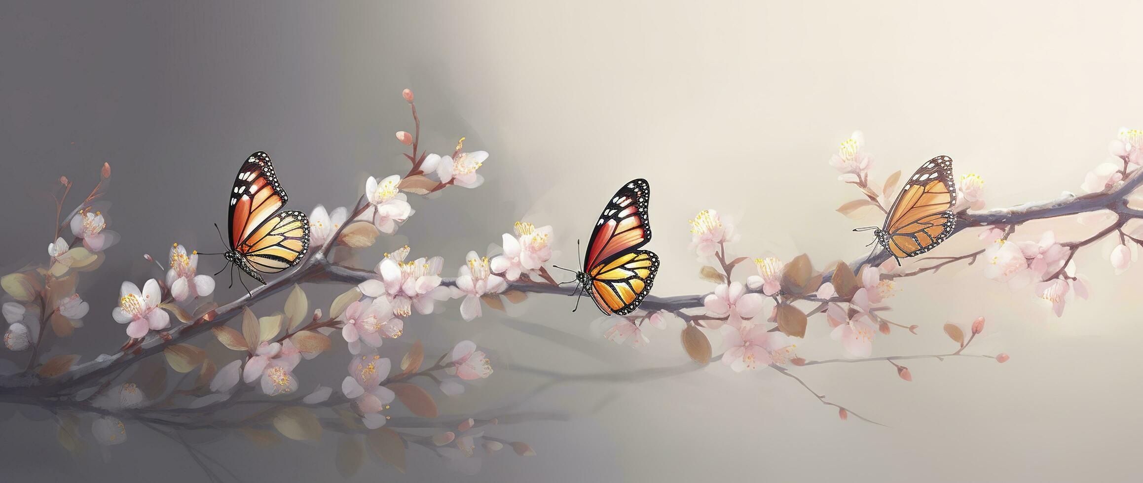 Spring banner, branches of blossoming cherry against the background of blue sky, and butterflies on nature outdoors. Pink sakura flowers, dreamy romantic image spring, landscape panorama, generate ai photo