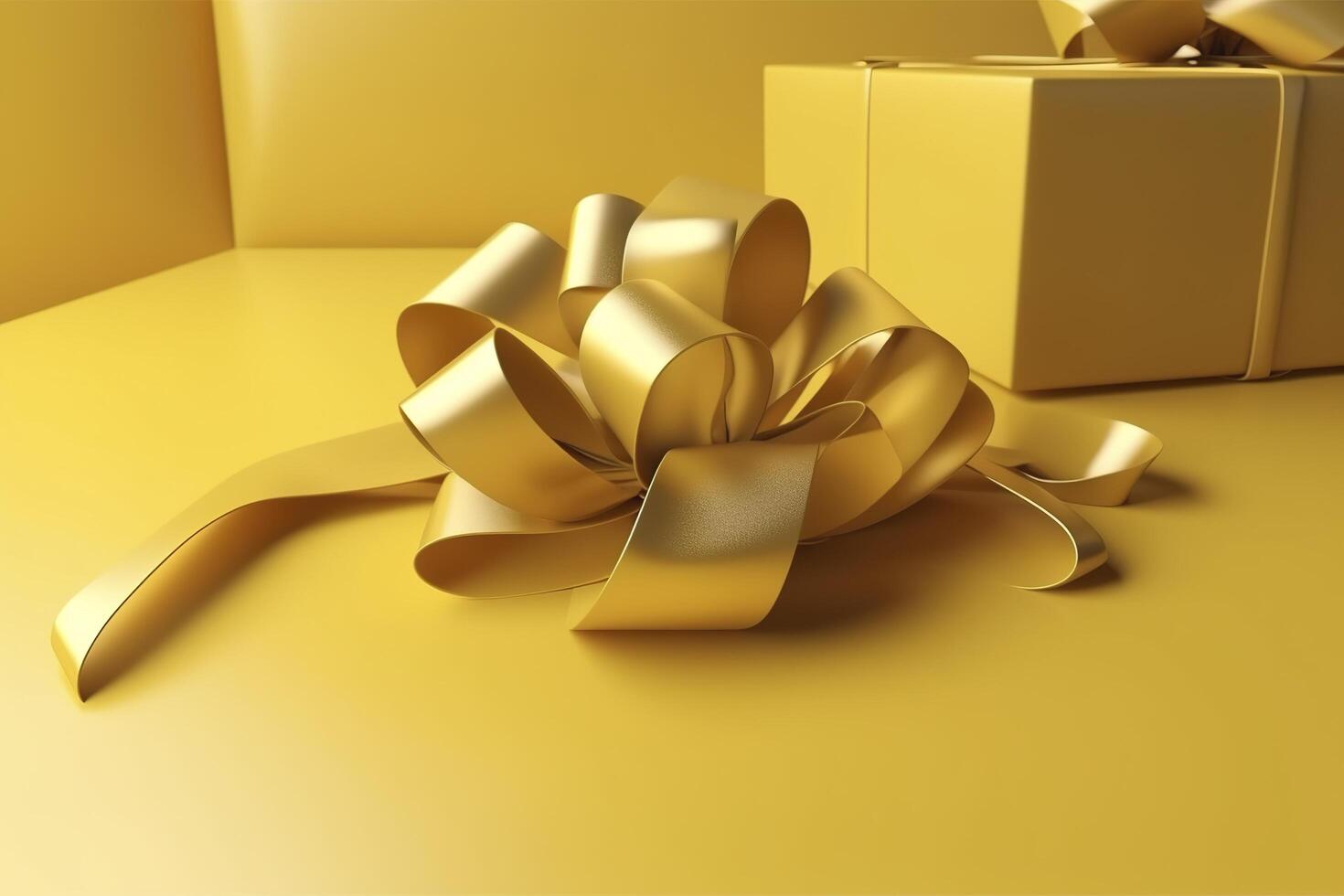 Gift box with golden satin ribbon and bow on yellow background. Holiday gift with copy space. Birthday or Christmas present, flat lay, top view. Christmas giftbox concept. . photo