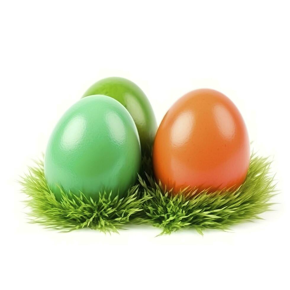 Easter eggs in green grass isolated on white background, generate ai photo