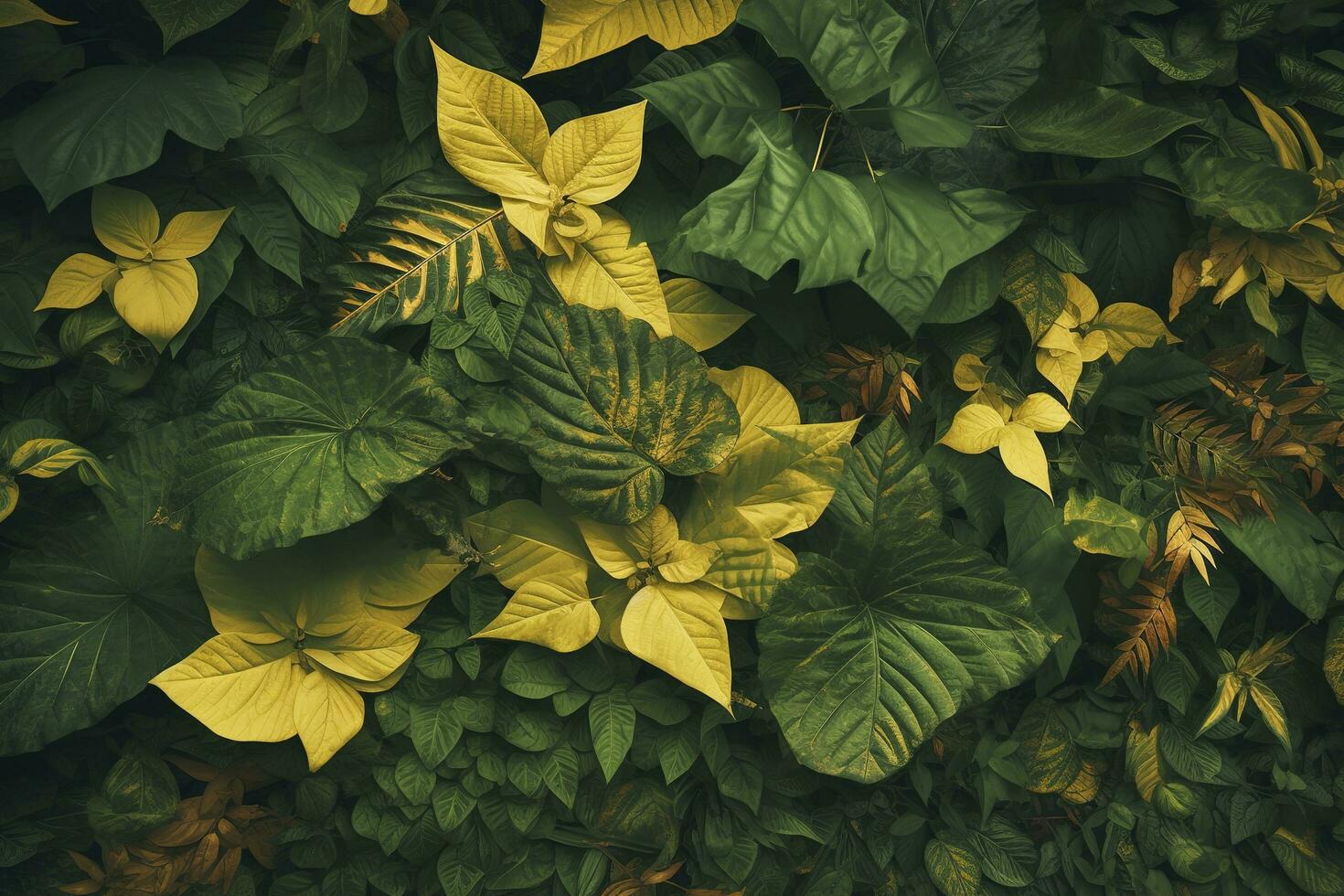 follaje antecedentes con un variedad de vibrante planta hojas demostración un diverso ecosistema y el biodiversidad de naturaleza con único oro planta hojas. tierra día antecedentes. , generar ai foto