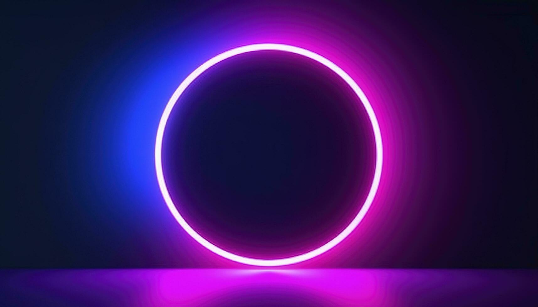 3d render, blue pink neon round frame, circle, ring shape, empty space, ultraviolet light, 80s retro style, fashion show stage, abstract background, generate ai photo
