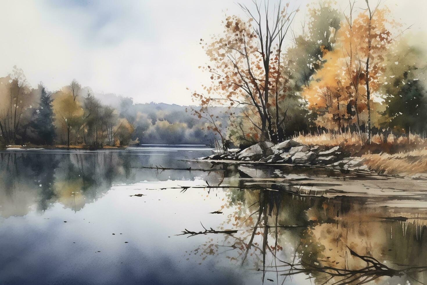 Beautiful watercolor autumn landscape with lush colorful autumnal trees on the shore of calm forest lake or pond at sunny fall day. Digital art painting from my own 3D rendering file , generate ai photo