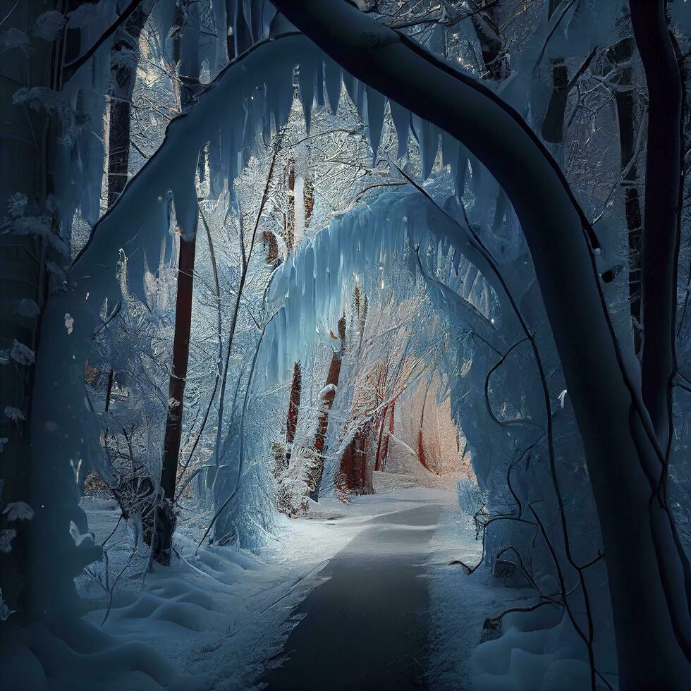 invierno paisaje en el bosque, Nevado clima en enero, hermosa paisaje en el Nevado bosque, un viaje a el norte, generar ai foto