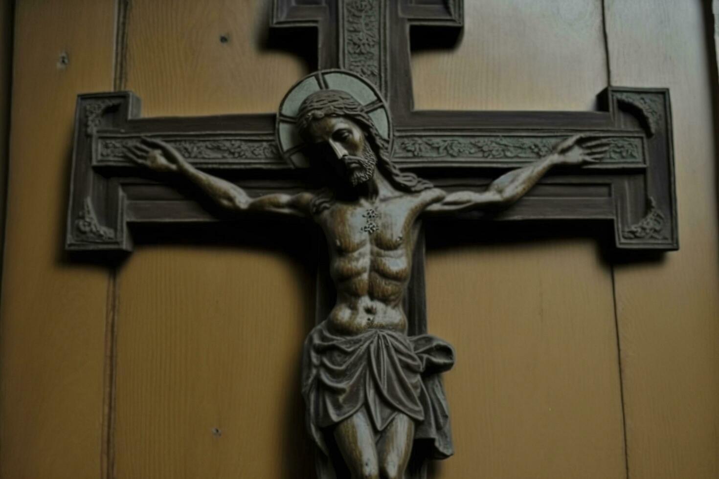 Carved Wooden Cross on fabric stock photo, generate ai photo