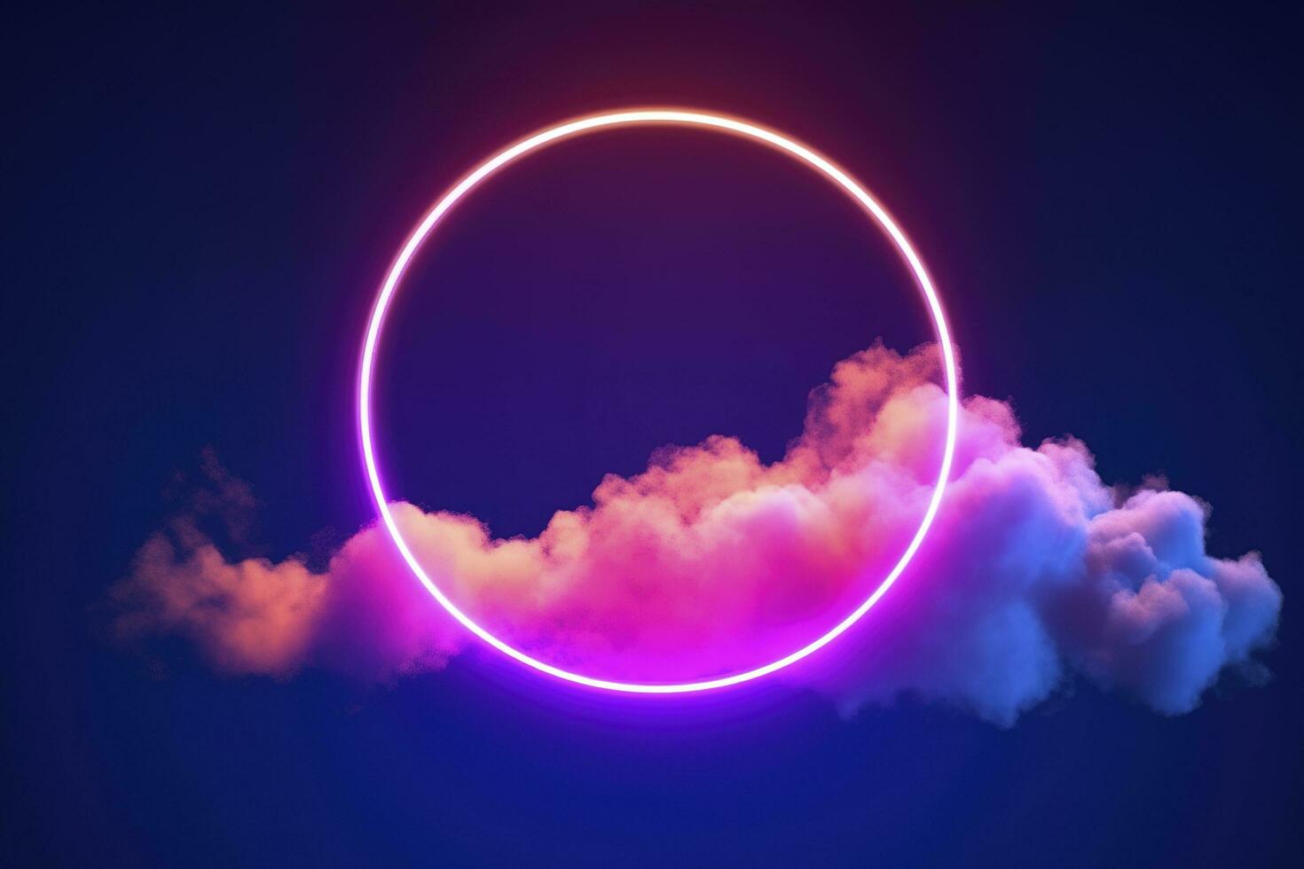3d render, abstract cloud illuminated with neon light ring on dark night sky. Glowing geometric shape, round frame, generate ai photo