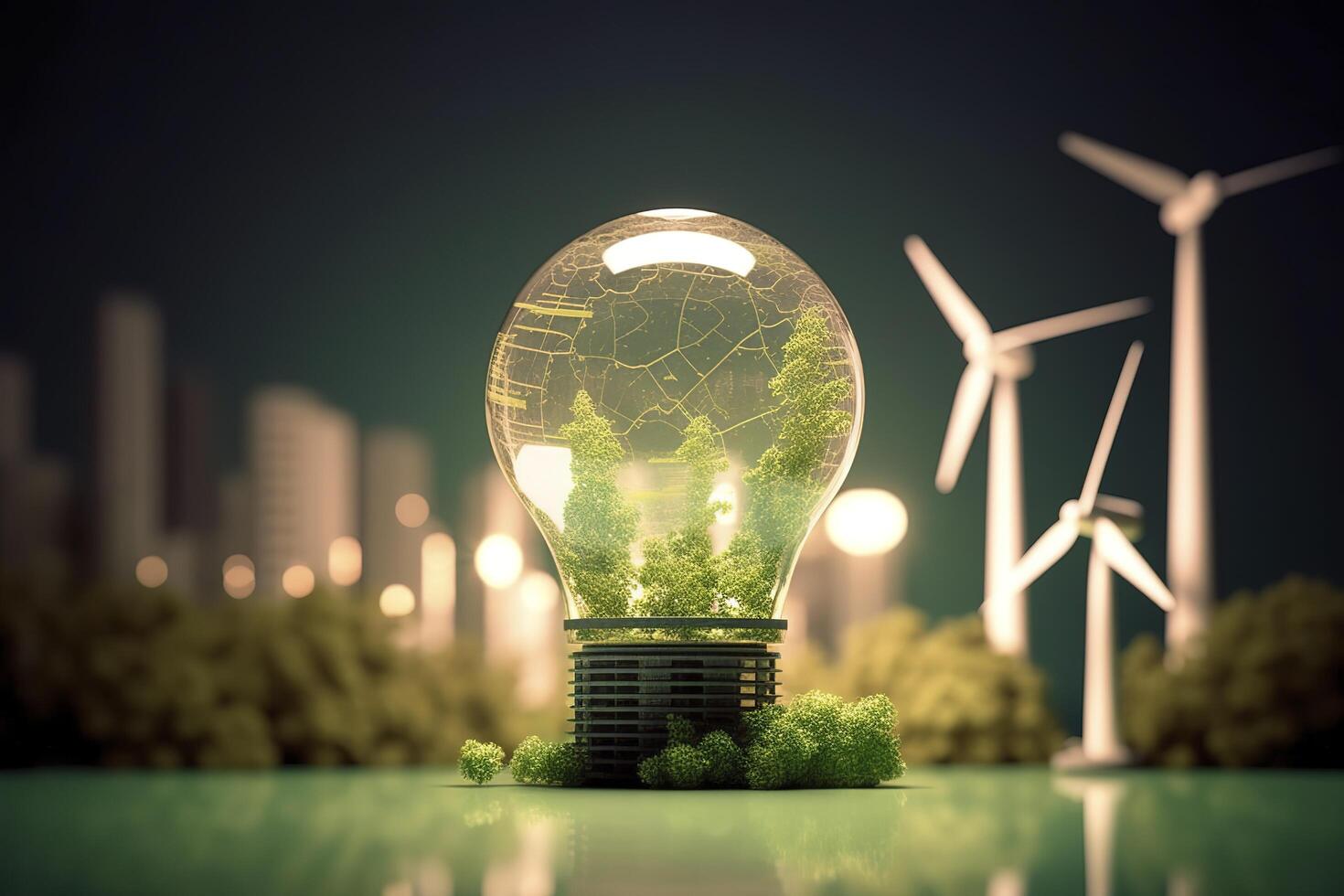 Energy consumption and CO2 gas emissions are increasing light bulbs with green eco city, Renewable energy by 2050 Carbon neutral energy, Save energy creative idea concept, . photo