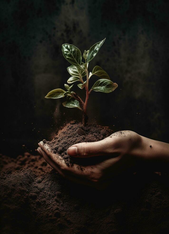 A child holding a plant in their hands with a green background and sunlight shining through the leaves on the plant, generate ai photo