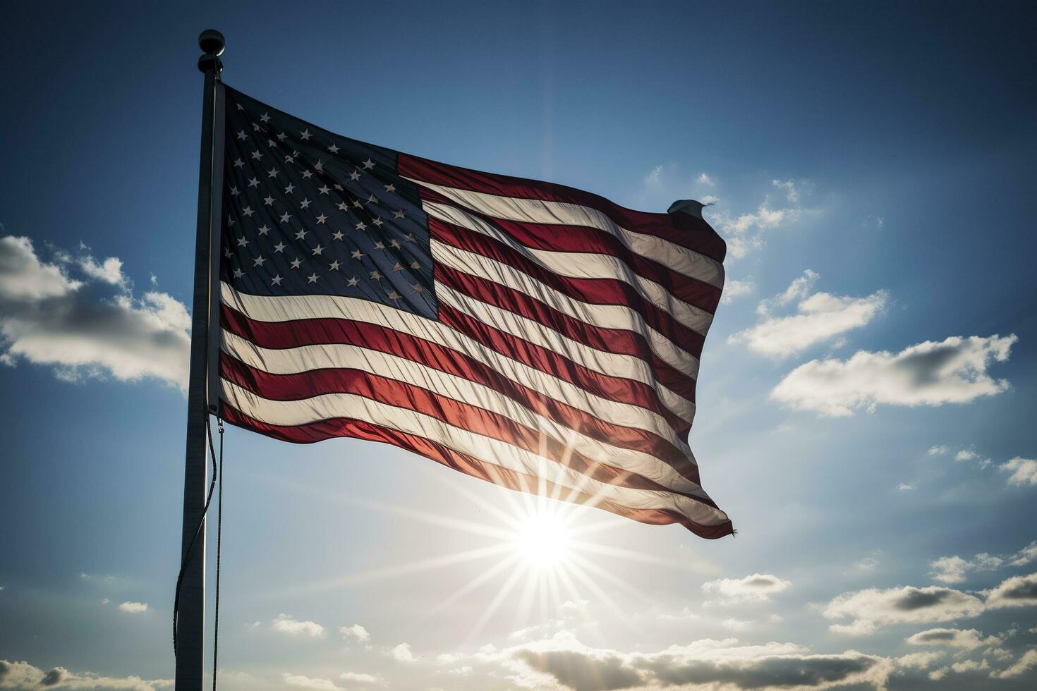 Backlit us national flag flying and waving in the wind over gray stormy cloudy sky, symbol of american patriotism, low angle, generate ai photo