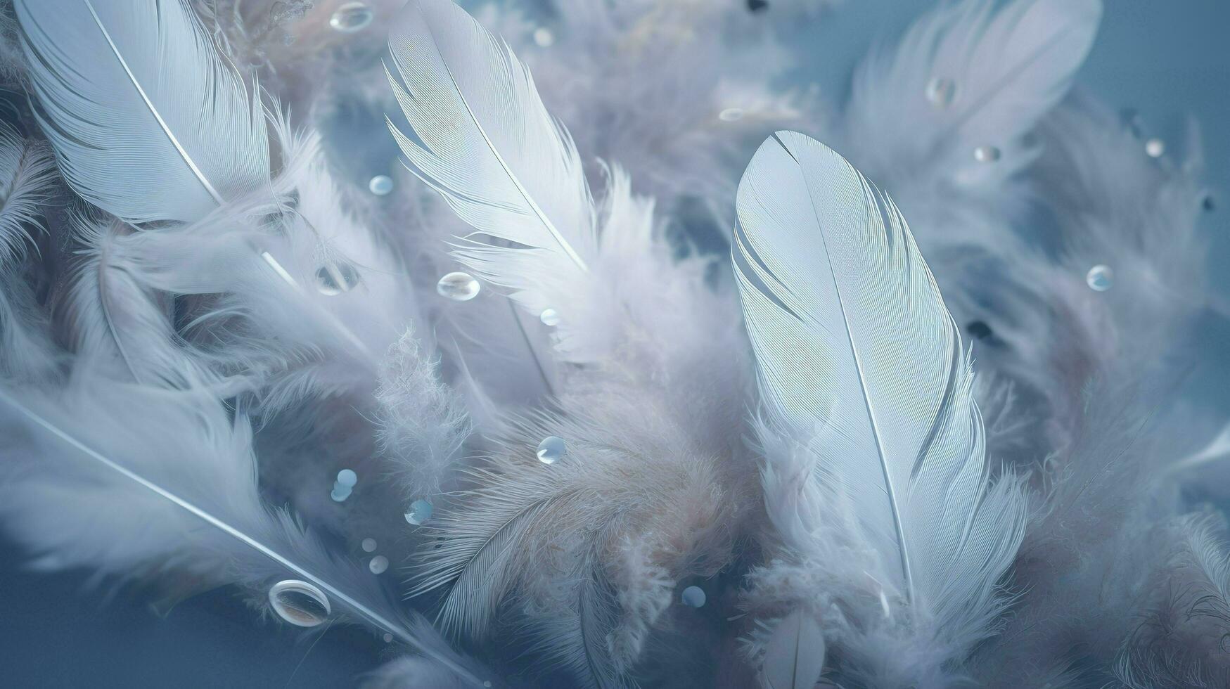 a bright blue background with one white feather, in the style of soft and dreamy pastels, glimmering light effects, nature inspired imagery, fairycore, soft focal points, generate ai photo