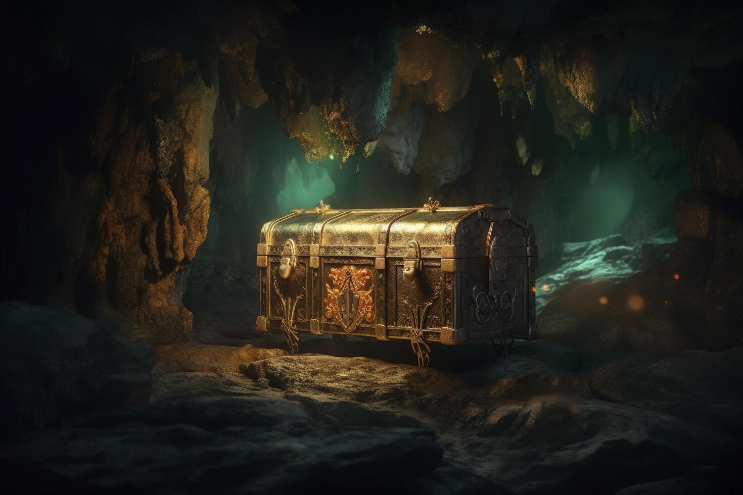 illustration of pirates treasure chest in cave photo