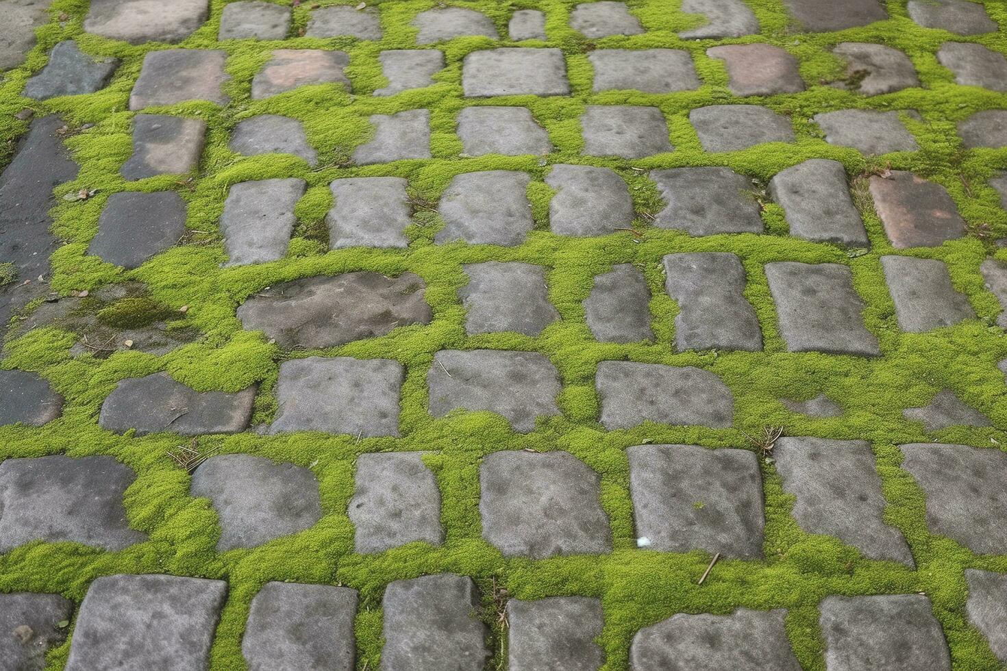 Cobblestoned pavement, green moss between brick background. Old stone pavement texture. Cobbles closeup with green grass in the seams. Stone paved walkway in old town photo