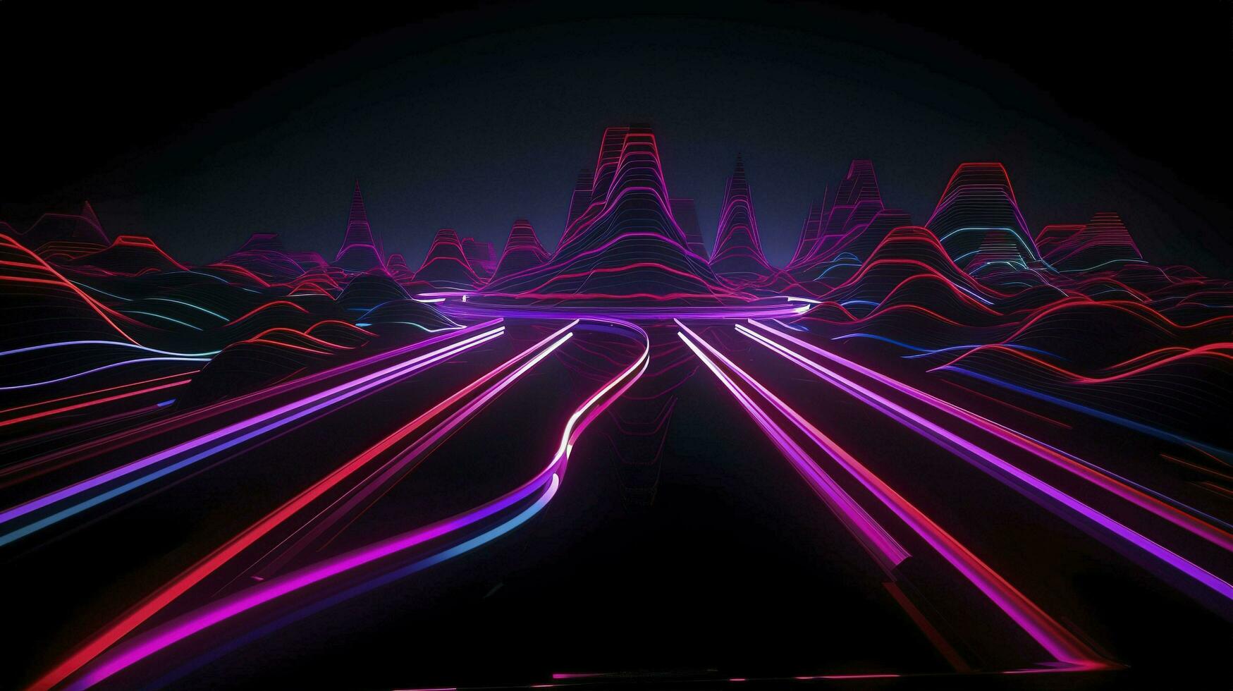 light lines with bright colors in a dark environment, in the style of futuristic landscapes, vibrant skylines, light bronze and magenta, light crimson and light blue, generat ai photo