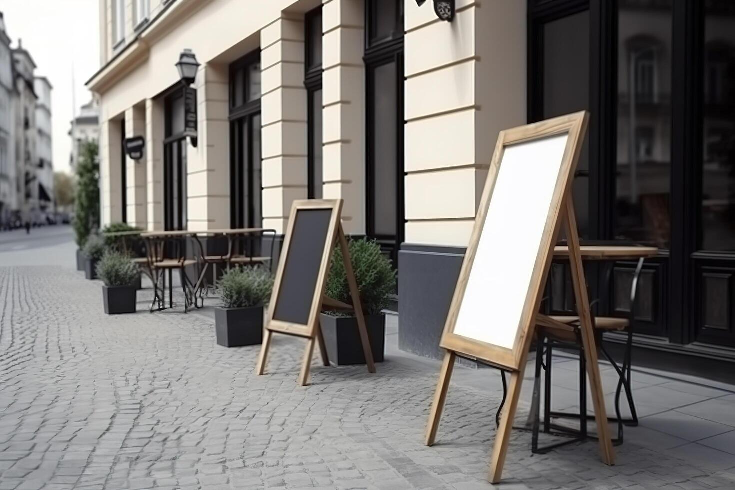 Blank restaurant shop sign or menu boards near the entrance to restaurant. Cafe menu on the street. Blackboard sign in front of a restaurant. Signboard, freestanding A-frame blackboard. . photo