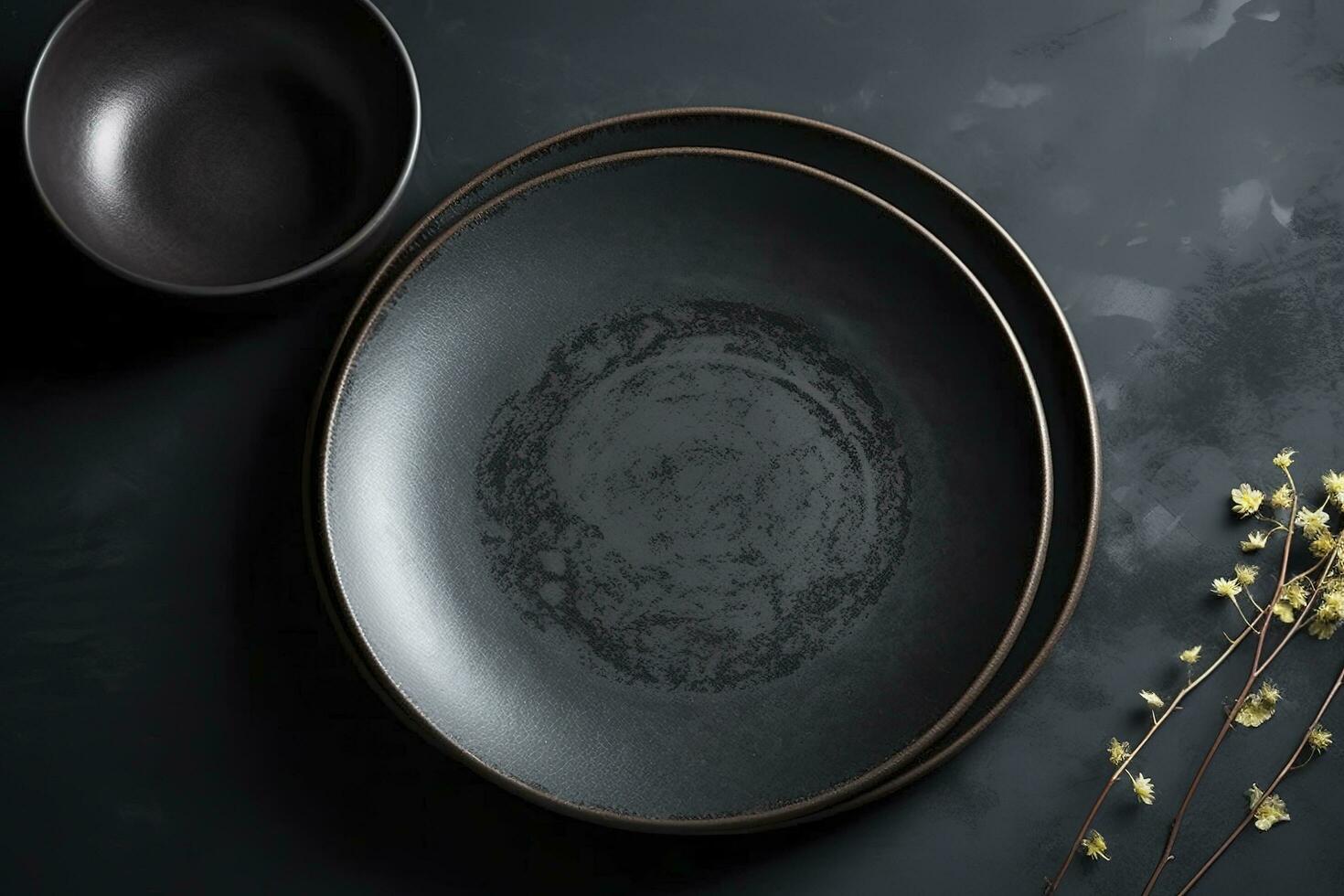 Black craft plate on dark stone table. Top view, copy space, Table setting. background for menu, layout, place for text , recipe background, food flat lay background, generate ai photo